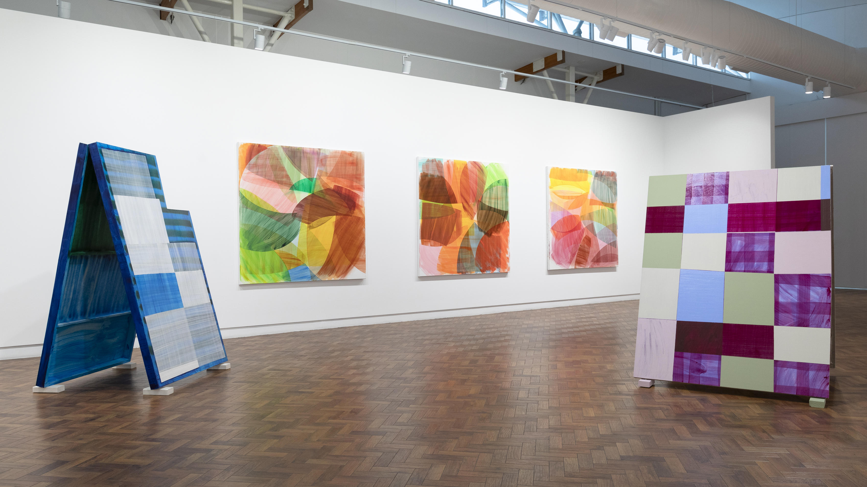 Installation view Bright featuring Emma Beer, #bossyapp, 2018; Gemma Smith, Thrown open, 2022, Gemma Smith, Collage painting, 2022,Gemma Smith, Haptic bounty, 2022; and Emma Beer, #communication, 2022.  Photograph: Silversalt Photography.