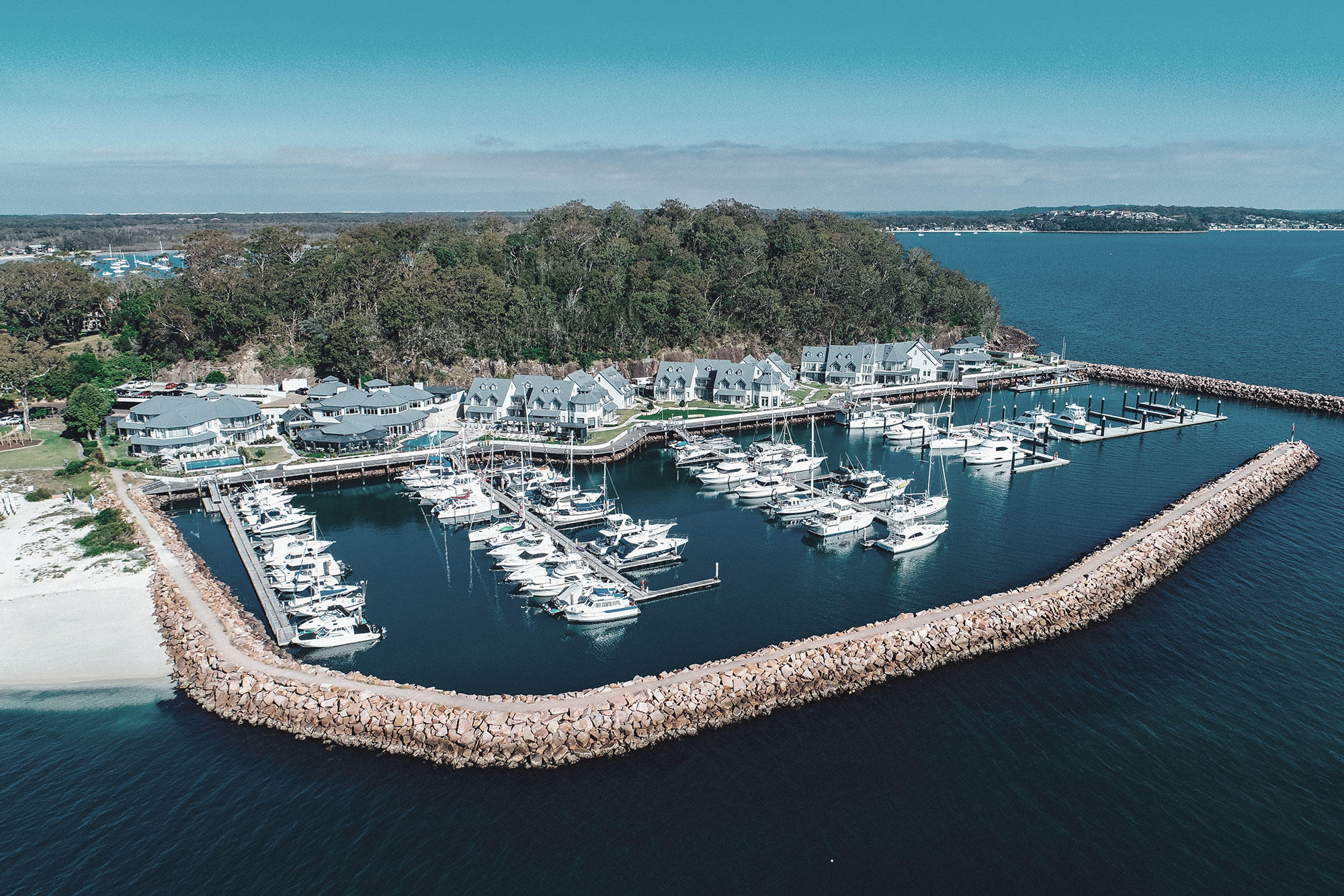 Aerial shot of the Anchorage Marina, looking toward The Anchorage Hotel & Spa